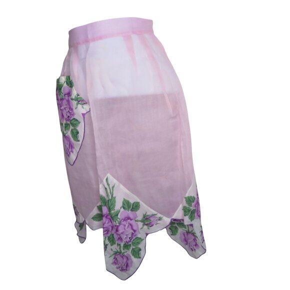 Vintage Handmade Sheer Pink Half Apron Floral Vintage Linen Hanky Trim & Pocket - Picture 11 of 11